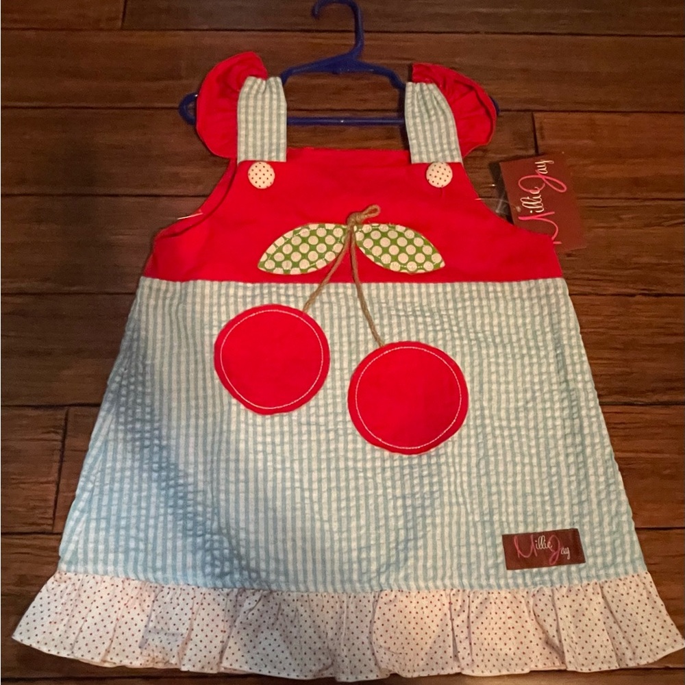 Millie Jay NWT blue striped seersucker Cherry applique swing top